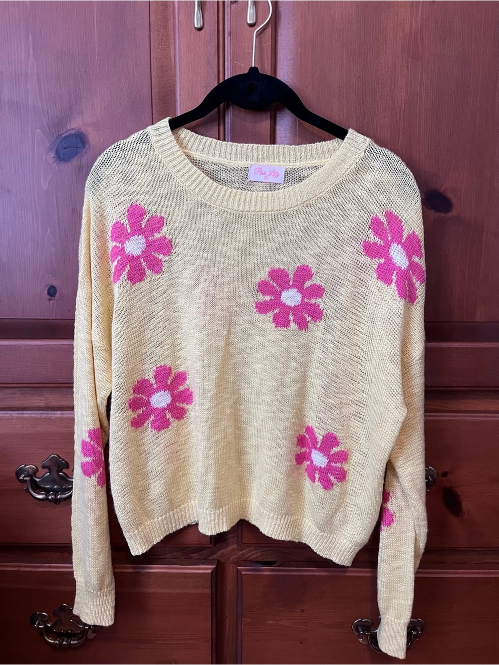 Free People Yellow Knit Crewneck Sweater with Pink Floral Motif